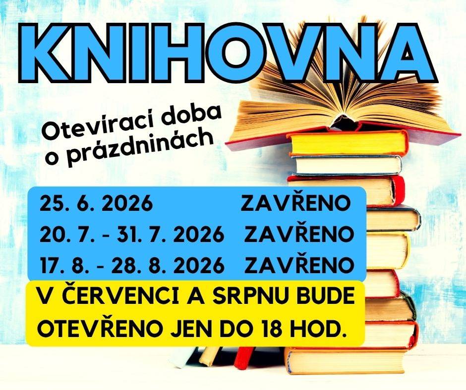 Knihovna Nehvizdy oznamuje čtenářům, že po dobu prázdnin (červenec a srpen) bude otevírací doba ve čtvrtek jen do 18 hodin. Zavřeno bude 25. 6. 2026, 20. 7. až 31. 7. 2026 a 17. 8. 2026 až 28. 8. 2026.