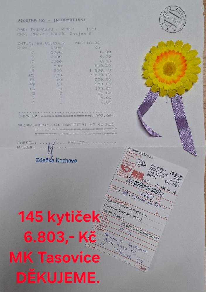Místní knihovna Tasovice se zapojila do celostátní veřejné sbírky Český den proti rakovině.  Děkujeme Všem, kteří si zakoupili žlutou kytičku a podpořili tak dobrou věc. Celkem se podařilo prodat 145 kytiček a vybrat krásnou částku 6 803 Kč.  Velké poděkování patří Všem dárcům za jejich štědrost,...