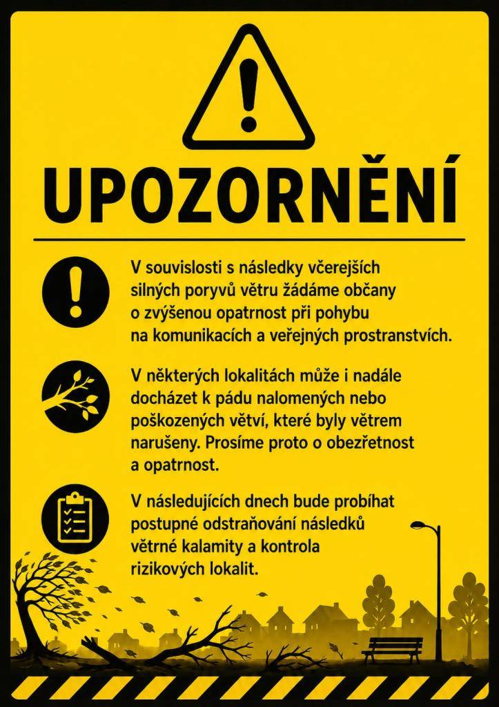 V souvislosti s následky včerejších silných poryvů větru žádáme občany o zvýšenou opatrnost při pohybu na komunikacích a veřejných prostranstvích.