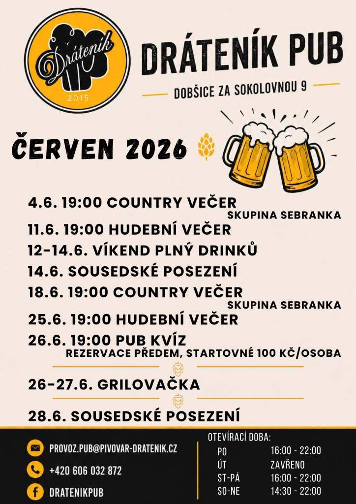 Přijměte prosím pozvání do PUBu Dráteník v červnu 2026