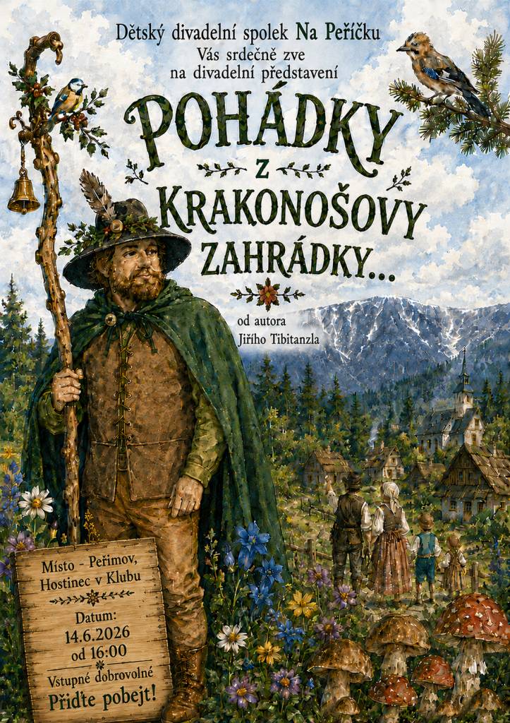 Dětský divadelní soubor Na Peříčku Vás srdečně zve na divadelní představení Pohádky z Krakonošovy zahrádky. Akce se uskuteční 14. 6. 2026 od 16 hodin pod přístřeškem V Klubu v Peřimově.