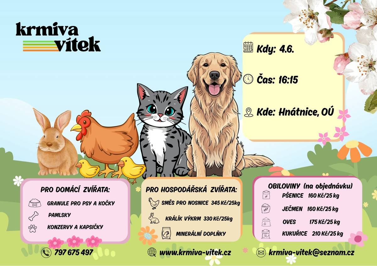 Ve čtvrtek 4. 6. 2026 v 16:15 proběhne před OÚ prodej obilí, krmných směsí pro hospodářská zvířata a domácí zvířata. Nyni v nabídce krmné směsi od značky Bocus: Králík výkrm od 330Kč/25kg, Nosnice 345Kč/25kg a kapsičky pro kočky od 4,50 Kč/ks. Dále proběhne výkup králičích kůží za 15 Kč/ks.