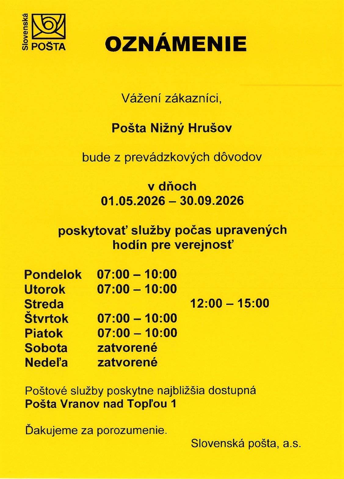 POZOR ZMENA !!! Pošta Nižný Hrušov - upravené hodiny pre verejnosť