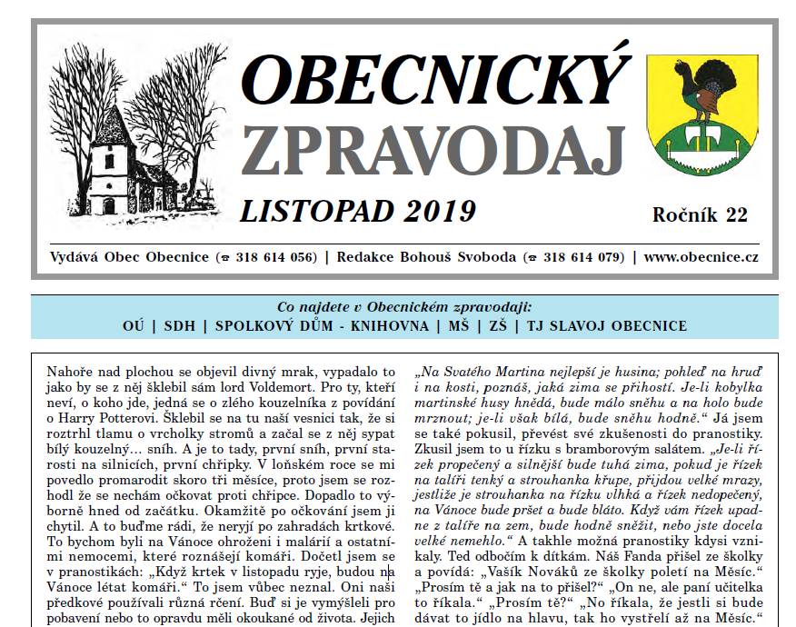 Obecnický zpravodaj Listopad 2019