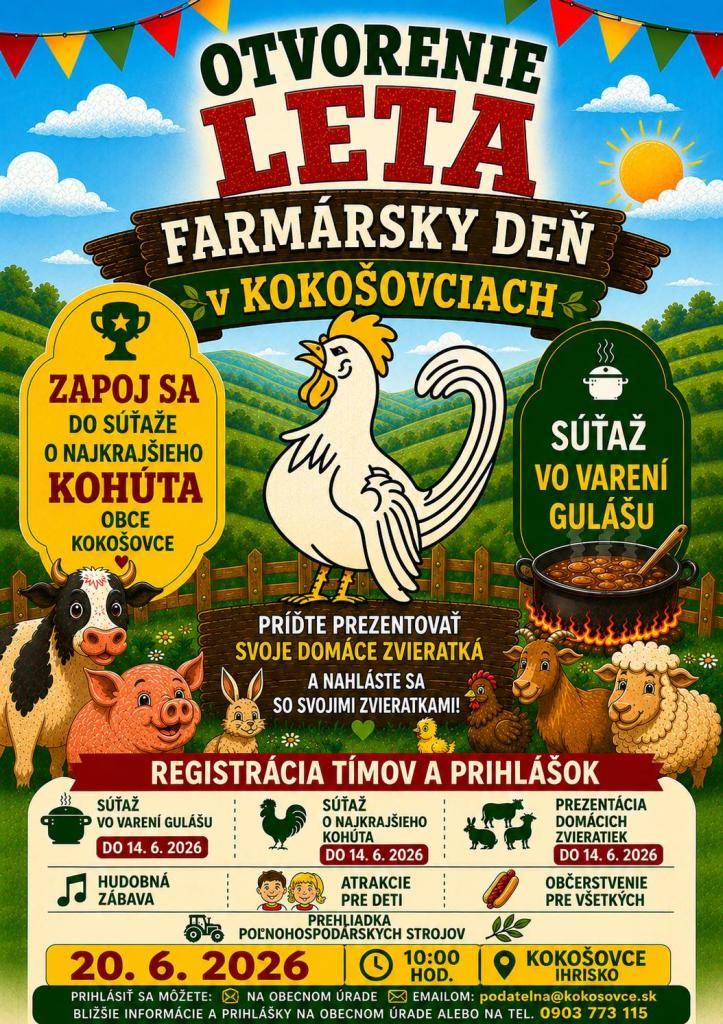 Obec Kokošovce vás srdečne pozýva na jedinečné podujatie plné tradícií, zábavy, domácich zvieratiek a skvelej atmosféry! Príďte prežiť príjemný deň s rodinou, priateľmi a susedmi.