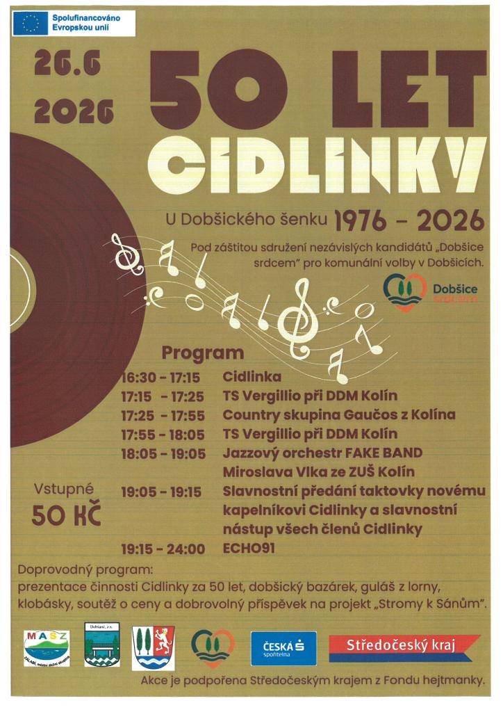 Zdravíme vás z Dobšic a srdečně zveme vás a vaši rodinu na oslavu. V příloze najdete program akce, který si můžete prohlédnout. Prosíme, sdílejte tuto pozvánku a předejte ji přátelům. Děkujeme a těšíme se na vaši účast.