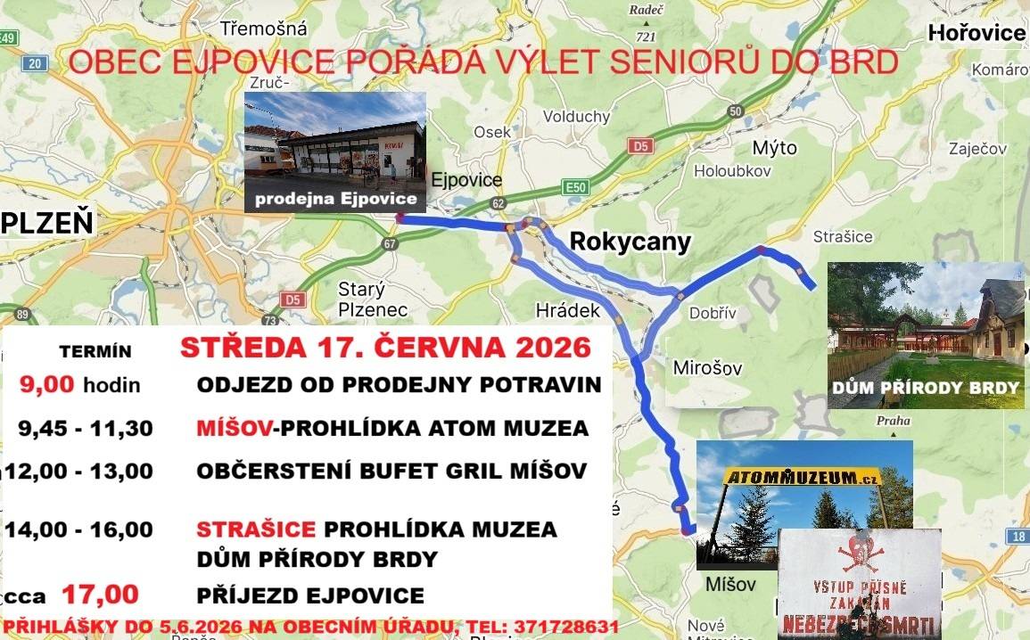 Obec Ejpovice zve seniory na společný výlet do Brd, který se uskuteční ve středu 17. června 2026.