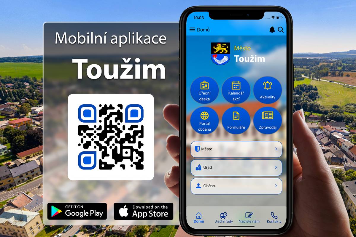 Vážení spoluobčané, spustili jsme pro vás novou službu: Mobilní aplikace Toužim. Aplikace od 1.7.2026 nahrazuje Mobilní rozhlas. Zprávy a informace budou pouze v uvedené aplikaci. Zasílání SMS zpráv a e-mailů bude ukončeno. Univerzální odkaz ke stažení aplikace: http://appsisto.com/touzim
