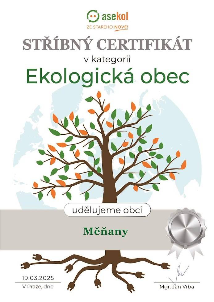 OBEC MĚŇANY ZÍSKALA STŘÍBRNÝ CERTIFIKÁT v kategorii Ekologická obec
