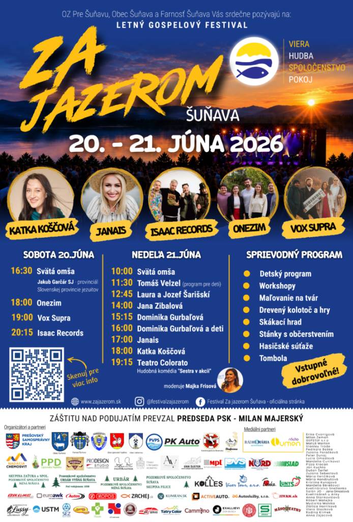 OZ Pre Šuňavu, Obec Šuňava a Farnosť Šuňava vás pozývajú na Letný gospelový festival, ktorý sa uskutoční od 20. do 21. júna 2026. Program ponúkne sväté omše, detské aktivity, workshopy a vystúpenia rôznych hudobných skupín.