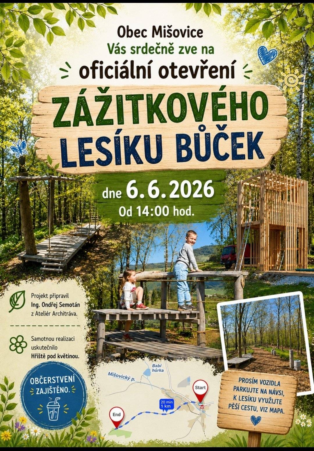 Obec Mišovice všechny srdečně zve na oficiální otevření Zážitkového lesíku Bůček. Již tuto sobotu 6.6. od 14:00 hod. Prosíme zaparkovat auta ve Svučicích na návsi a poté využít cestu přes vesnici, okolo rybníků až na Bůček.Občerstvení zajištěno.