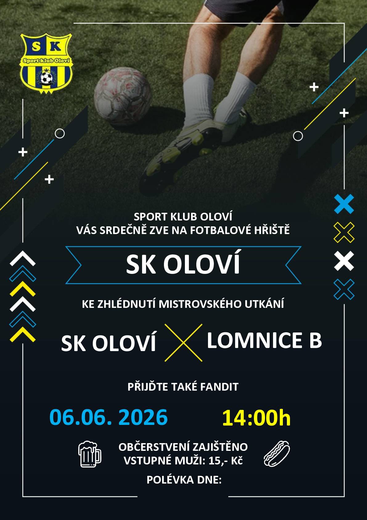 SK Oloví Vás srdečně zve na fotbalové utkání, které se uskuteční v sobotu 06.06.2026 od 14:00 hod. na fotbalovém hřišti v Oloví.