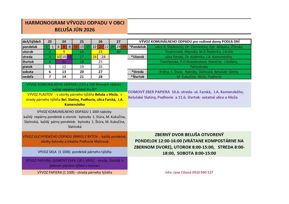 Júnový vývoz smetí bude v štandardnom režime. Domový zber papiera bude v dňoch 10.-11.6.2026.
