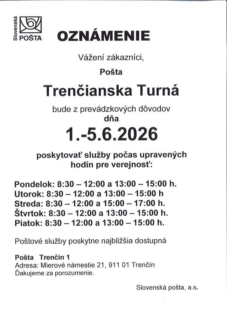 zmena otváracích hodín 01.-05.06.2026