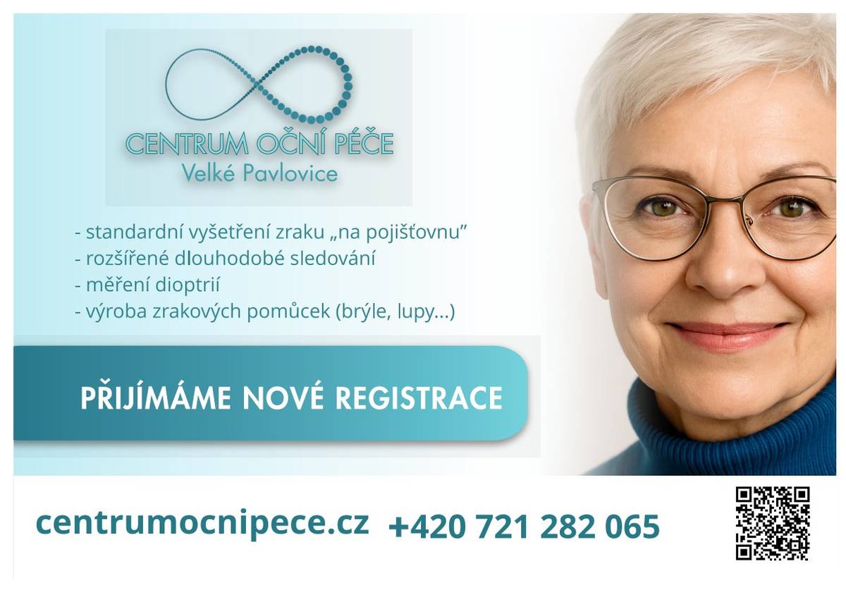Centrum oční péče ve Velkých Pavlovicích přijímá nové registrace. Nabízí standartní vyšetření zraku hrazené pojišťovnou, rozšířené dlouhodobé sledování, měření dioptrií a výrobu zrakových pomůcek.
