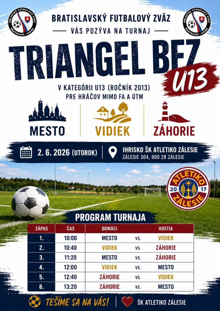 Bratislavský futbalový zväz v spolupráci so ŠK Atletiko Zálesie Vás srdečne pozýva na turnaj TRIANGEL BFZ U13, na ktorom sa predstavia výbery Mesto, Vidiek a Záhorie.  2. jún 2026 (utorok)  Ihrisko ŠK Atletiko Zálesie