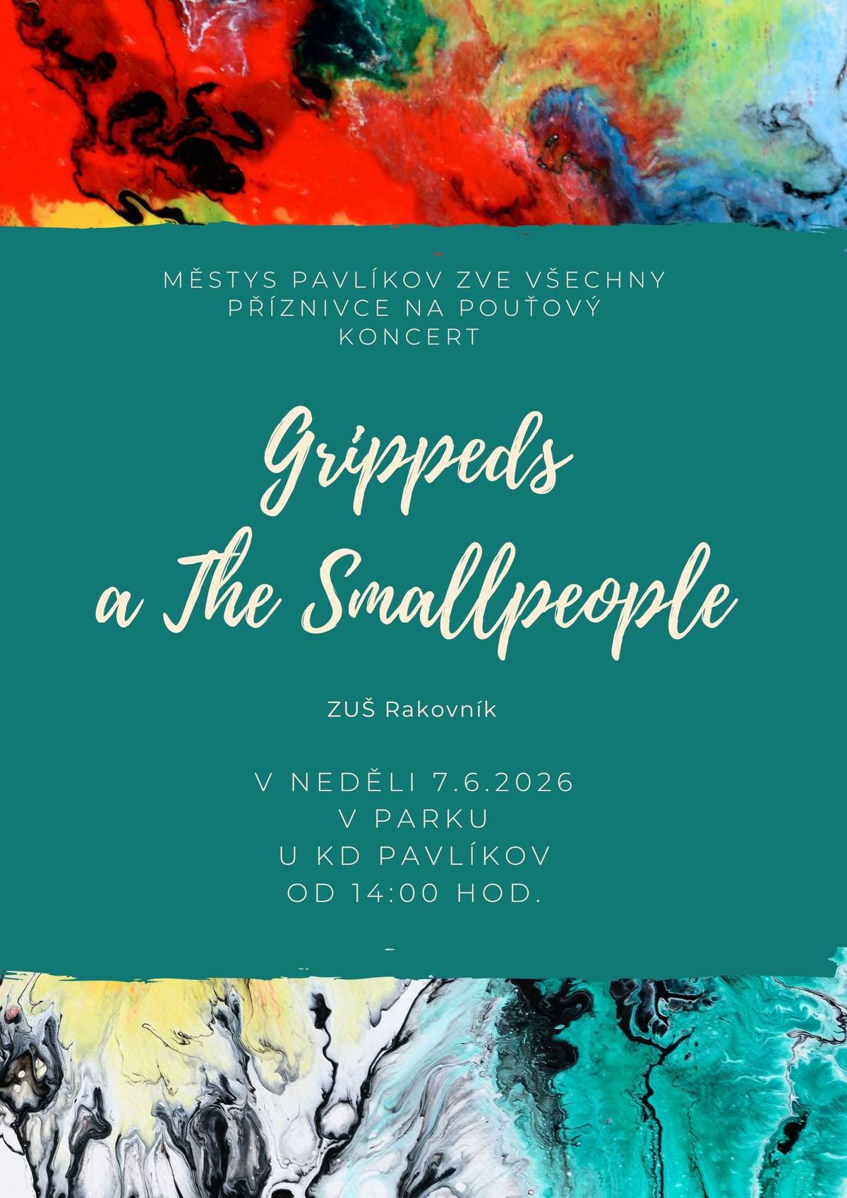 Zveme Vás na pouťový koncert v parku u KD Pavlíkov, kde vystoupí skupiny Grippeds a The Smallpeople - ZUŠ Rakovník. V neděli 7.6.2026 od 14:00 hod.