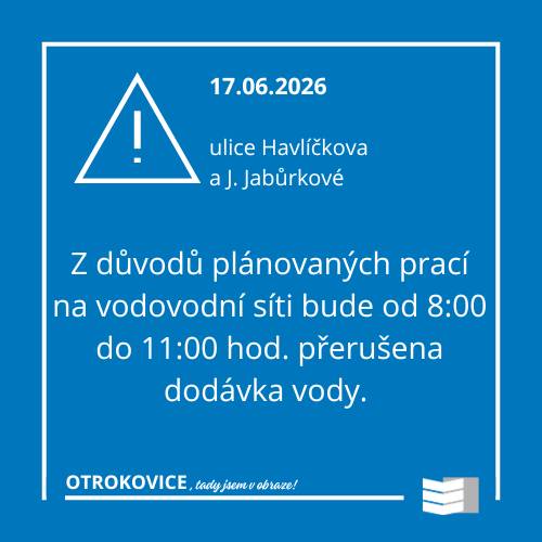 Z důvodu plánovaných prací na vodovodní síti bude dne 17.06. od 08:00 do 11:00 přerušena dodávka vody v ul. Havlíčkova a J. Jabůrkové. Více info na www.vodarnazlin.cz/aktuality