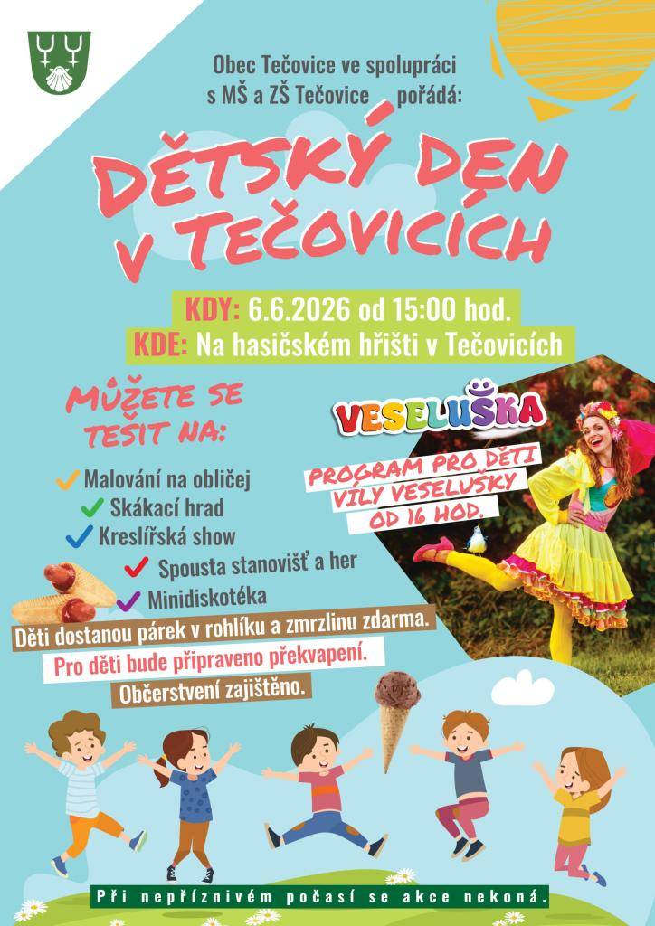 Srdečně zveme všechny děti i rodiče na veselý Dětský den plný her, atrakcí a překvapení.  Tešíme se na Vás.