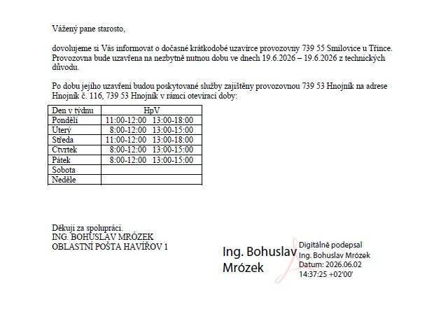 Pošta ve Smilovicích bude 19.6.2026 z provozních důvodů UZAVŘENA. Náhradní pošta Hnojník, detaily v příloze.