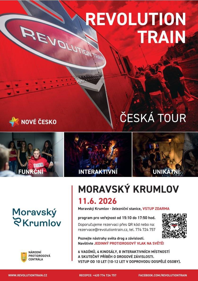 MěÚ Moravský Krumlov zve veřejnost do Moravského Krumlova, kde se dne 11.06.2026 bude konat na vlakovém nádraží projekt Revolution train (Protidrogový vlak). Dopoledne bude program vyhrazen pro žáky krumlovských škol, v odpoledních hodinách pro širokou veřejnost. Možnost prohlídek pro veřejnost je od 15,50 hod. vždy po 20 minutách až do 17,50 hod. Vstup pro školy i veřejnost je díky finanční podpoře celého projektu městem Moravský Krumlov zdarma.