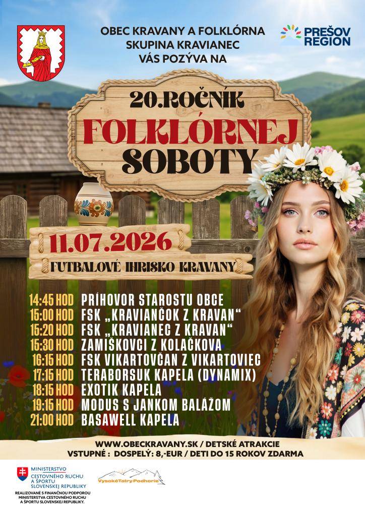 Obec Kravany pozýva na folklórnu akciu, ktorá sa uskutoční na futbalovom ihrisku. Program zahŕňa vystúpenia viacerých folklórnych súborov a kapiel, vstupné je 8 eur pre dospelých, deti do 15 rokov majú vstup zdarma.