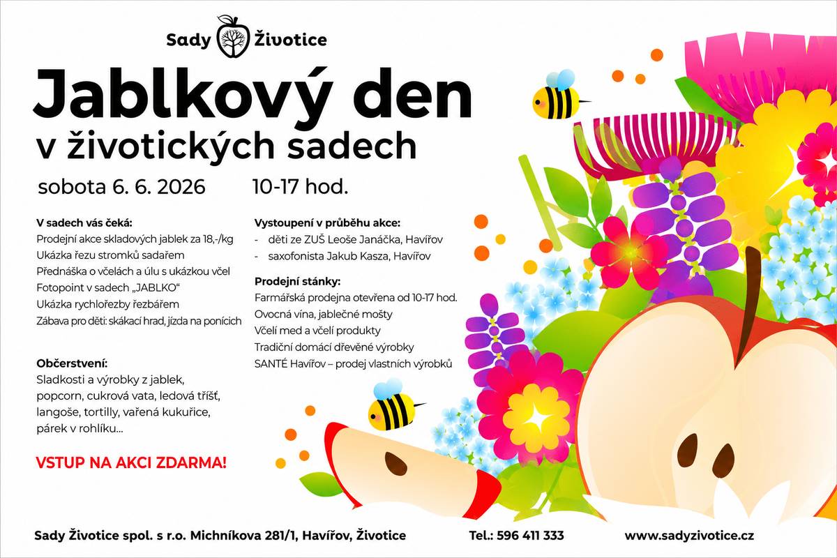 Sady Životice Vás srdečně zvou v sobotu 6. června 2026 od 10 do 17 hodin na Jablkový den, který bude plný jablek, dobrého jídla, moštů, zábavy pro děti i příjemné atmosféry. Vstup na akci je ZDARMA!  https://havirov-city.cz/aktuality/sobotu-6-cervna-jste-zvani-na-jablkovy-de