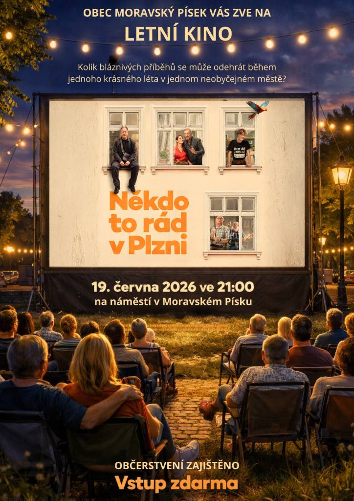 Obec vás srdečně zve na letní kino, které se koná 19. června 2026 ve 21:00 na náměstí v Moravském Písku.