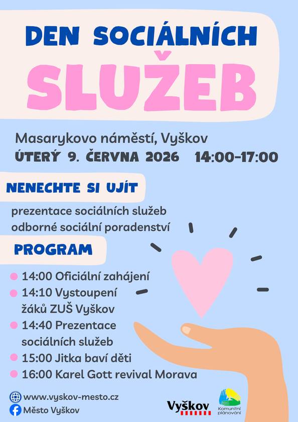 V úterý 9. června se od 14.00 do 17.00 hodin na Masarykově náměstí ve Vyškově uskuteční Den sociálních služeb. Nenechte si ujít prezentaci sociálních služeb, odborné sociální poradenství. V programu také vystoupí žáci ZUŠ Vyškov, Karel Gott revival Morava a Jitka baví děti.