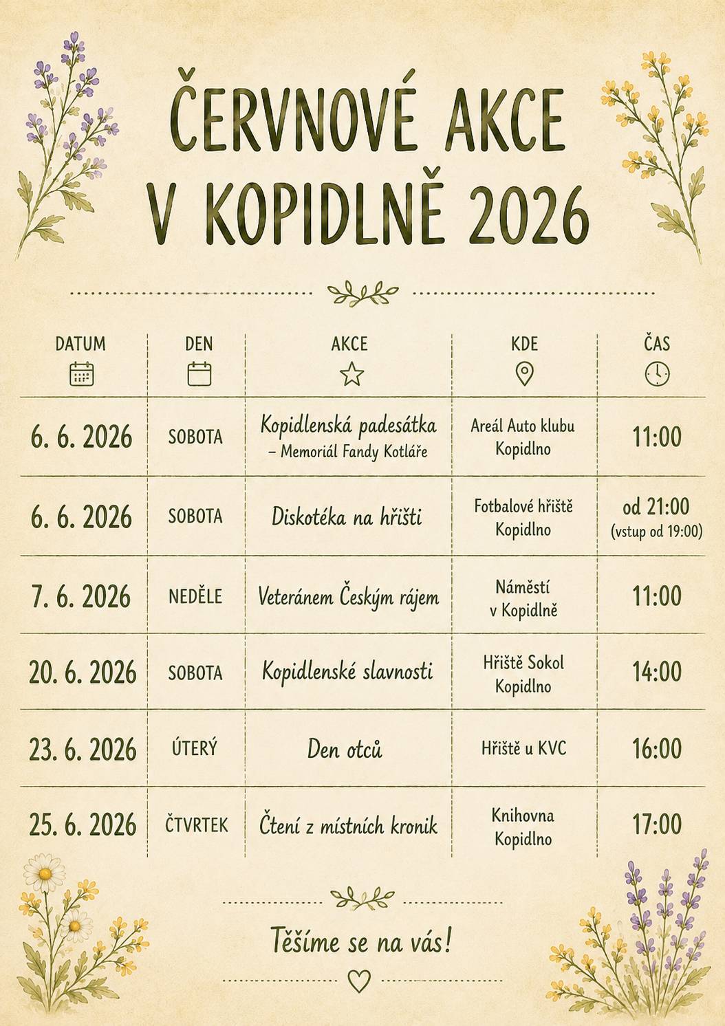 Přinášíme přehled akcí, které se během června uskuteční v Kopidlně. ☀️ Program nabídne sportovní, kulturní i společenská setkání, tradiční akce i příležitosti k příjemnému trávení volného času. Sobota 6. 6. – Kopidlenská padesátka – 11:00 Sobota 6. 6. – Diskotéka na hřišti – od 20:00 Neděle 7. 6. – Veteránem Českým rájem – 11:00 Sobota 20. 6. – Kopidlenské slavnosti – 14:00 Úterý 23. 6. – Den otců – 16:00 Čtvrtek 25. 6. – Čtení z místních kronik – 17:00 Přejeme všem krásné prožití červnových akcí.💛