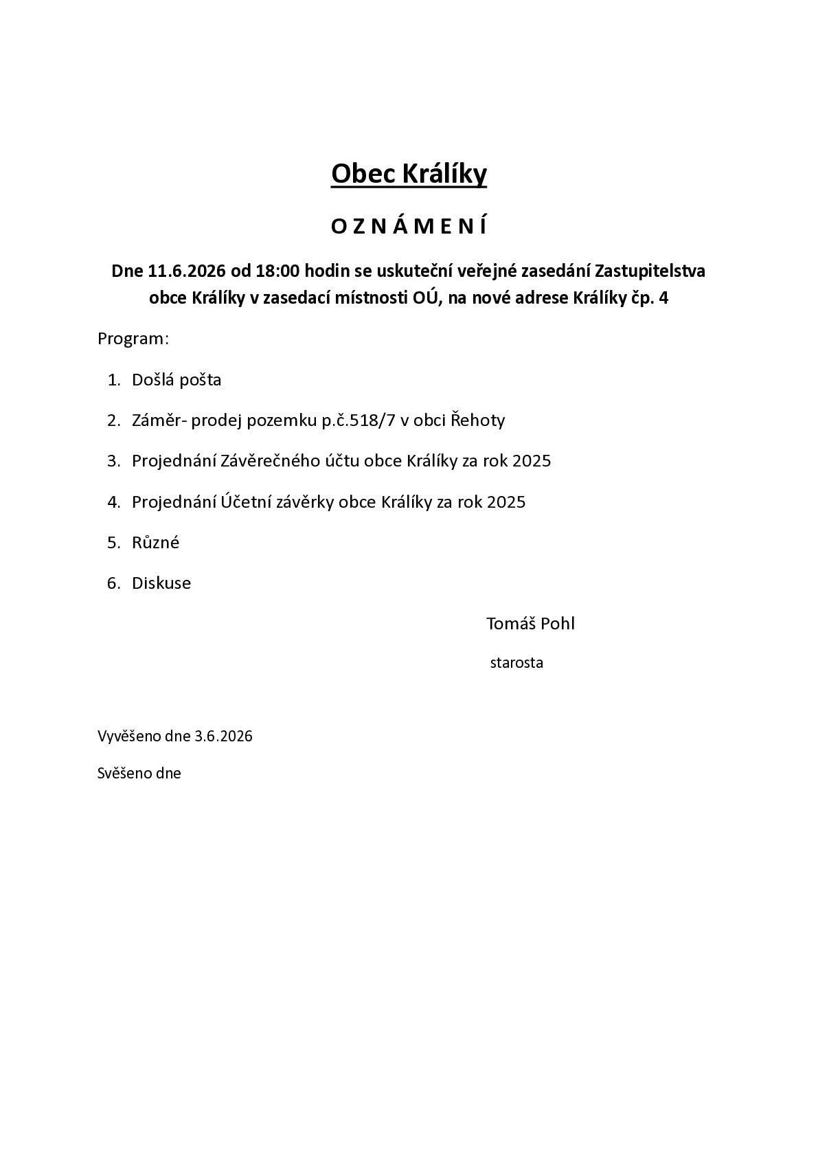 Pozvánka na schůzi OZ 11.6.2026