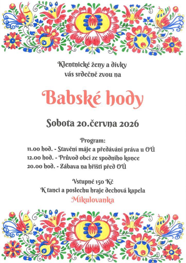 Klentnické ženy a dívky vás srdečně zvou na akci Babské body, která se koná v sobotu 20. června 2026.