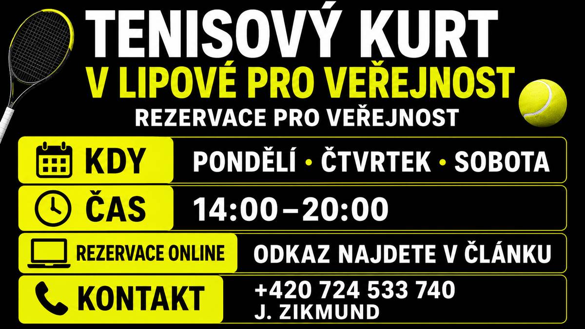 Obec Lipová informuje občany, že tenisový kurt v Lipové je ve vybraných dnech k dispozici také pro veřejnost. Zájemci si mohou tenisový dvorec rezervovat vždy v těchto časech: pondělí, čtvrtek a sobota od 14:00 do 20:00 hodin Rezervace tenisového dvorce probíhá prostřednictvím sdílené rezervační tabulky zde nebo prostřednictvím QR kódu: https://docs.google.com/spreadsheets/u/0/d/1oUQkuH0kjnzK1TOcZHgVTm-wqL6rlVk8v3oxsDBV8HQ/htmlview#gid=0 V případě dotazů je možné kontaktovat: +420 724 533 740 J. Zikmund Přijďte si zahrát tenis, využít sportovní zázemí v obci a strávit aktivní odpoledne nebo podvečer.