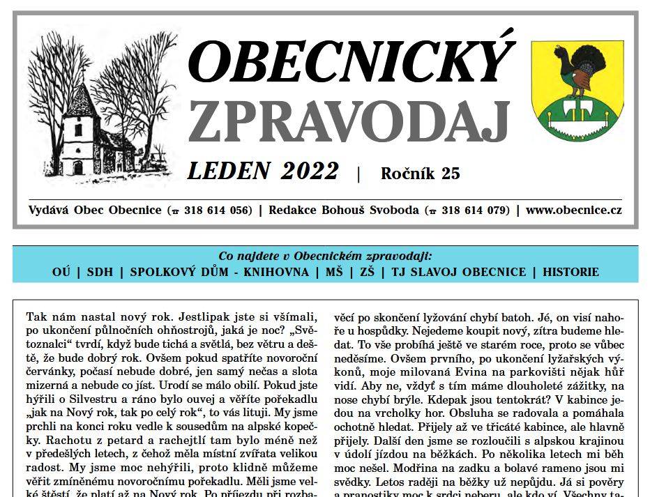 Obecnický zpravodaj – Leden 2022