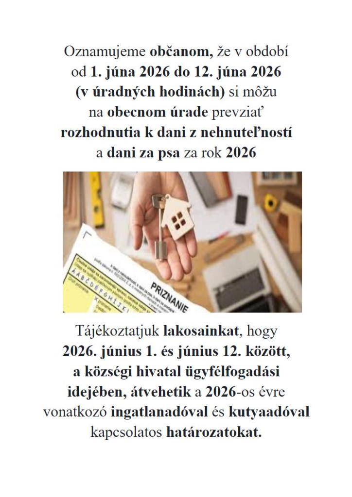 Daň z nehnuteľnosti a daň za psa 2026  Ingatlanadó és kutyaadó 2026