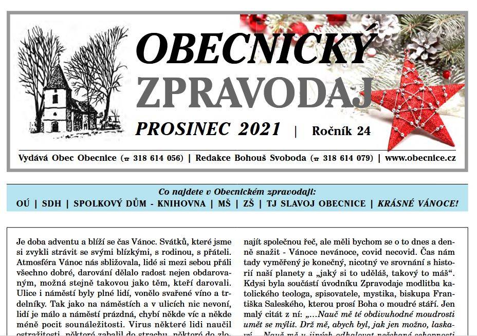 Obecnický zpravodaj – Prosinec 2021