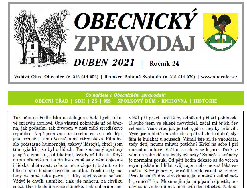 Obecnický zpravodaj Duben 2021