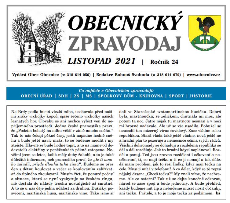Obecnický zpravodaj – Listopad 2021