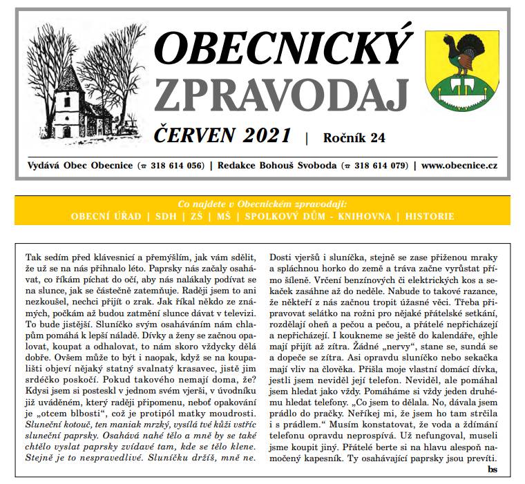 Obecnický zpravodaj – Červen 2021