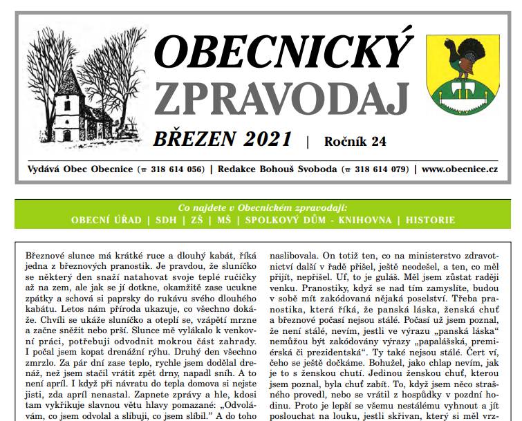 Obecnický zpravodaj – Březen 2021