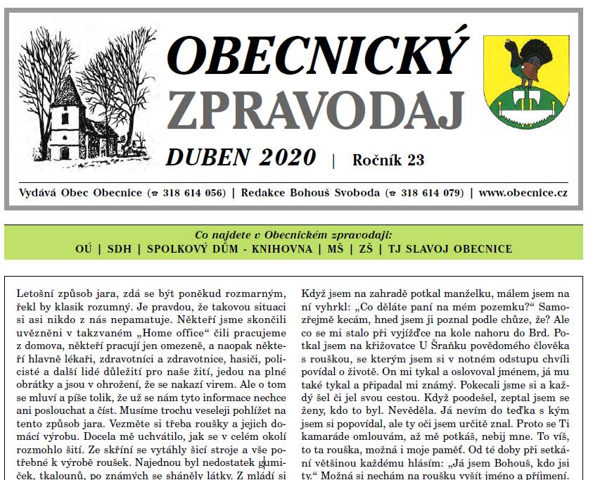Obecnický zpravodaj – Duben 2020