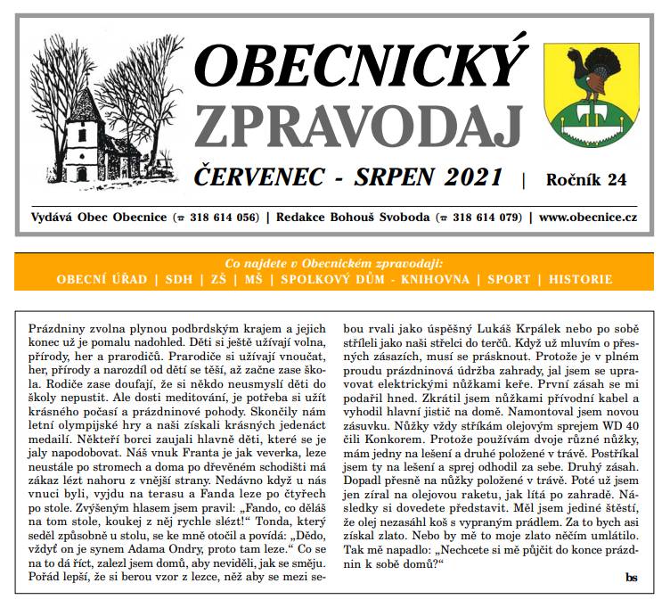 Obecnický zpravodaj – červenec – srpen 2021