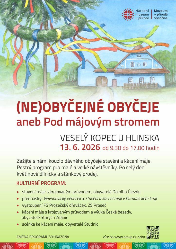 13. června 2026 na Veselém Kopci u Hlinska zažijte kouzlo dávného obyčeje stavění a kácení máje. Květinové dílničky a stánkový prodej obohatí zážitek z tradiční akce. Na programu je také vystoupení folklorního souboru a přednášky o místních tradicích, které přiblíží zvyky regionu.