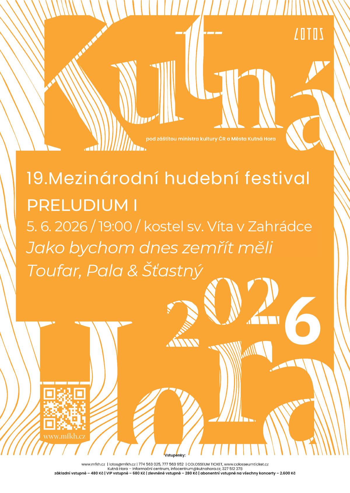 V pátek 5. června v 19 hodin bude zahrádeckém kostele mimořádně zahájen 19. mezinárodní hudební festival Kutná Hora 2026. V místě, které už neexistuje – a přece existuje, zazní PRELUDIUM I. Tento večer není jen koncertem. V autentickém prostoru kostela sv. Víta v Zahrádce zazní slova a zvuky, které se dotýkají příběhu P. Josefa Toufara – kněze, jehož život byl násilím předčasně ukončen, jehož odkaz však nezmizel. Text Miloše Doležala Jako bychom dnes zemřít měli (v uměleckém přednesu Jana Šťastného) není jen dokumentem minulosti. Je připomínkou svědomí. Je setkáním s pamětí, s tichem, které zůstalo, a s hudbou, jež se mu snaží dát hlas. A hudba Milana Paly není doprovodem – je zároveň výkřikem, ozvěnou, modlitbou i protestem. Naslouchejme společně. Bez obrany, bez zjednodušování. Tak, jak zní pravda – někdy tiše, někdy bolestně, ale vždy nezbytně. Vstupenky na tuto akci je možné zakoupit prostřednictvím www.mfkh.cz, lotos@mfkh.cz, 774 563 025, 777 563 952, www.colosseumticket.cz nebo v informačním centru v Kutné Hoře.