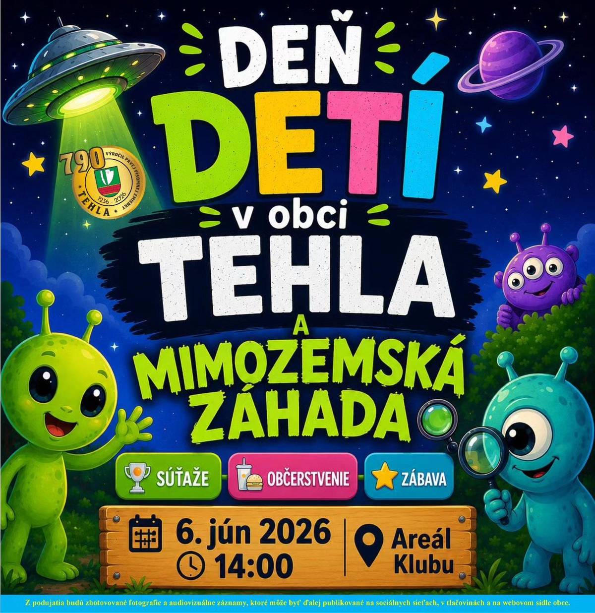 Obec Tehla srdečne pozýva všetky deti na Deň detí, ktorý sa bude konať v sobotu 6. júna 2026 o 14:00 hod. v areáli Klubu.