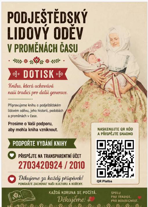 Folklorní soubor Horačky se na Vás obrací s prosbou o podporu jedinečného projektu, který pomáhá uchovat kulturní dědictví našeho regionu pro další generace. Připravujeme dotisk knihy Podještědský lidový oděv v proměnách času, jejíž autoři Jaroslav Horáček a Ivana Rozkovcová dlouhodobě dokumentovali krásu, historii a význam podještědského lidového kroje. Knihu si lze prohlédnout v Místní knihovně v Hlavici.