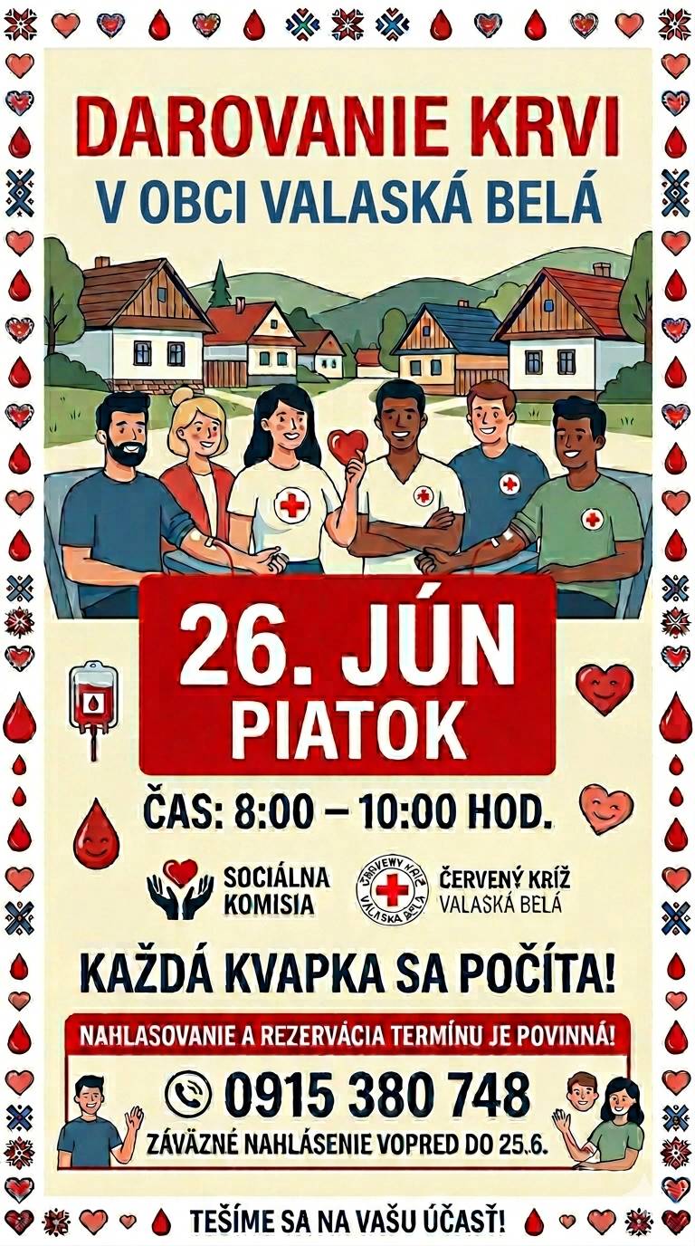 Dobrovoľným darcom oznamujeme, že 26. júna sa bude v našej obci konať dobročinná akcia darovania krvi. Zároveň prosíme darcov, aby sa nahlásili na tel. čísle 0915 380 748, alebo na fb ČK VB https://www.facebook.com/profile.php?id=100083290655064 Všetkým darcom ĎAKUJEME! ❤️