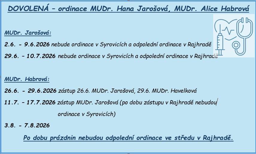 Informace o dovolené v ordinaci dětského lékaře