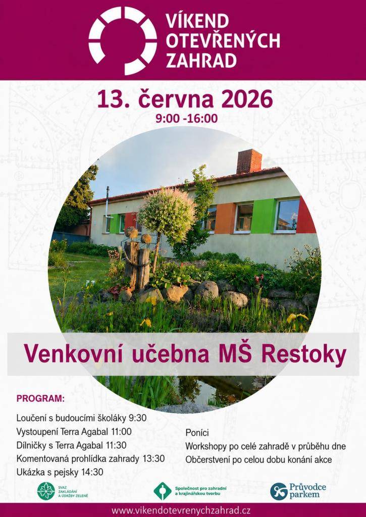 13.6.2026 od 9:00 hodin Víkend otevřených zahrad ve venkovní učebně MŠ Řestoky. Všichni jste srdečně zváni!