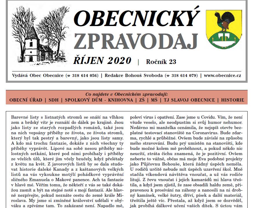 Obecnický zpravodaj říjen 2020